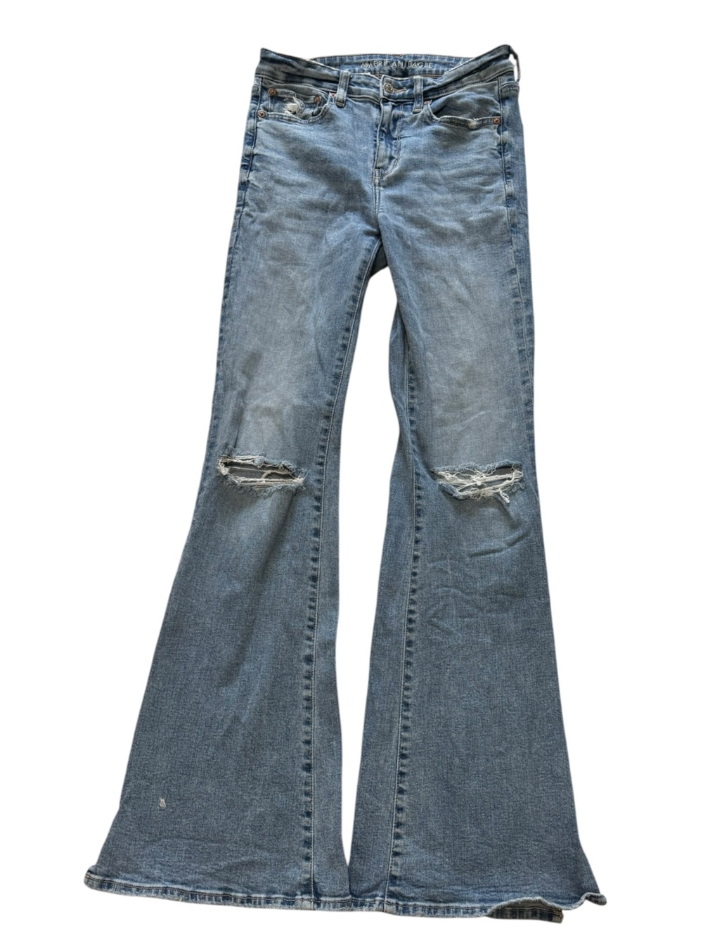 American Eagle Size 6 Long Distressed Flare High Rise Jeans Stretch Denim